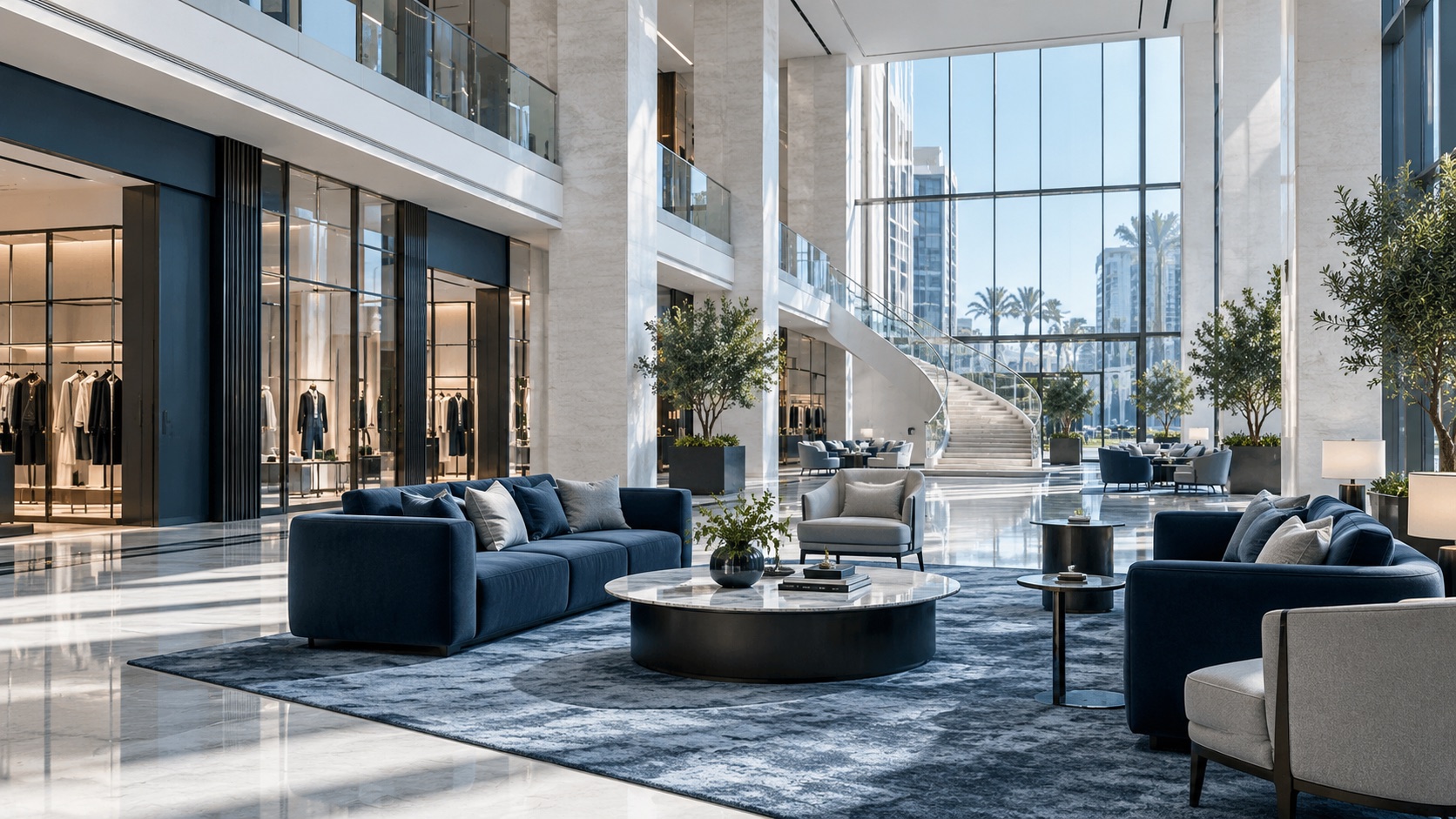 Conceptual hotel and retail lobby